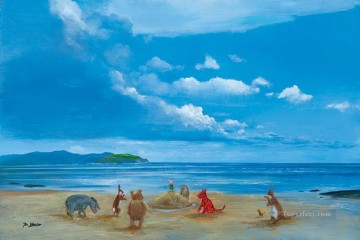 Ourson et amis au bord de la mer Animaux facétieux Peinture à l'huile
